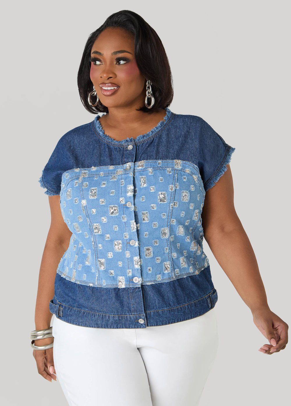 Distressed Embellished Denim Shirt Denim | Ashley Stewart
