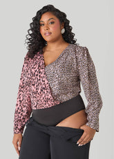 Paneled Leopard Print Bodysuit Multi | Ashley Stewart