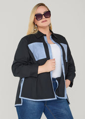 Denim Print Paneled Hi Low Shirt Black | Ashley Stewart