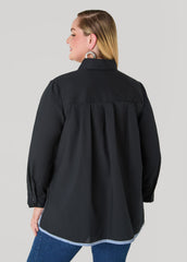 Denim Print Paneled Hi Low Shirt Black | Ashley Stewart