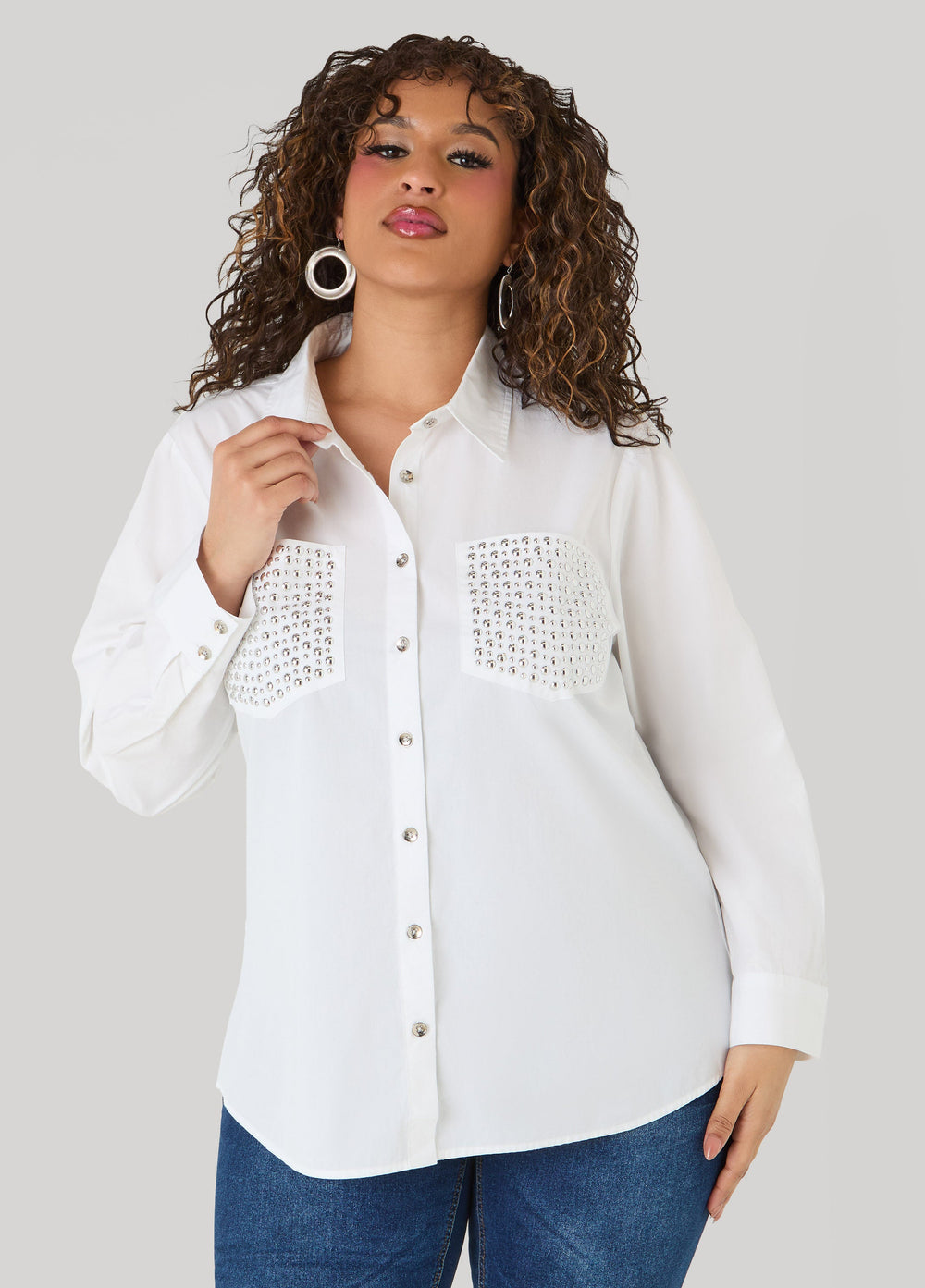 Studded Cotton Shirt White | Ashley Stewart