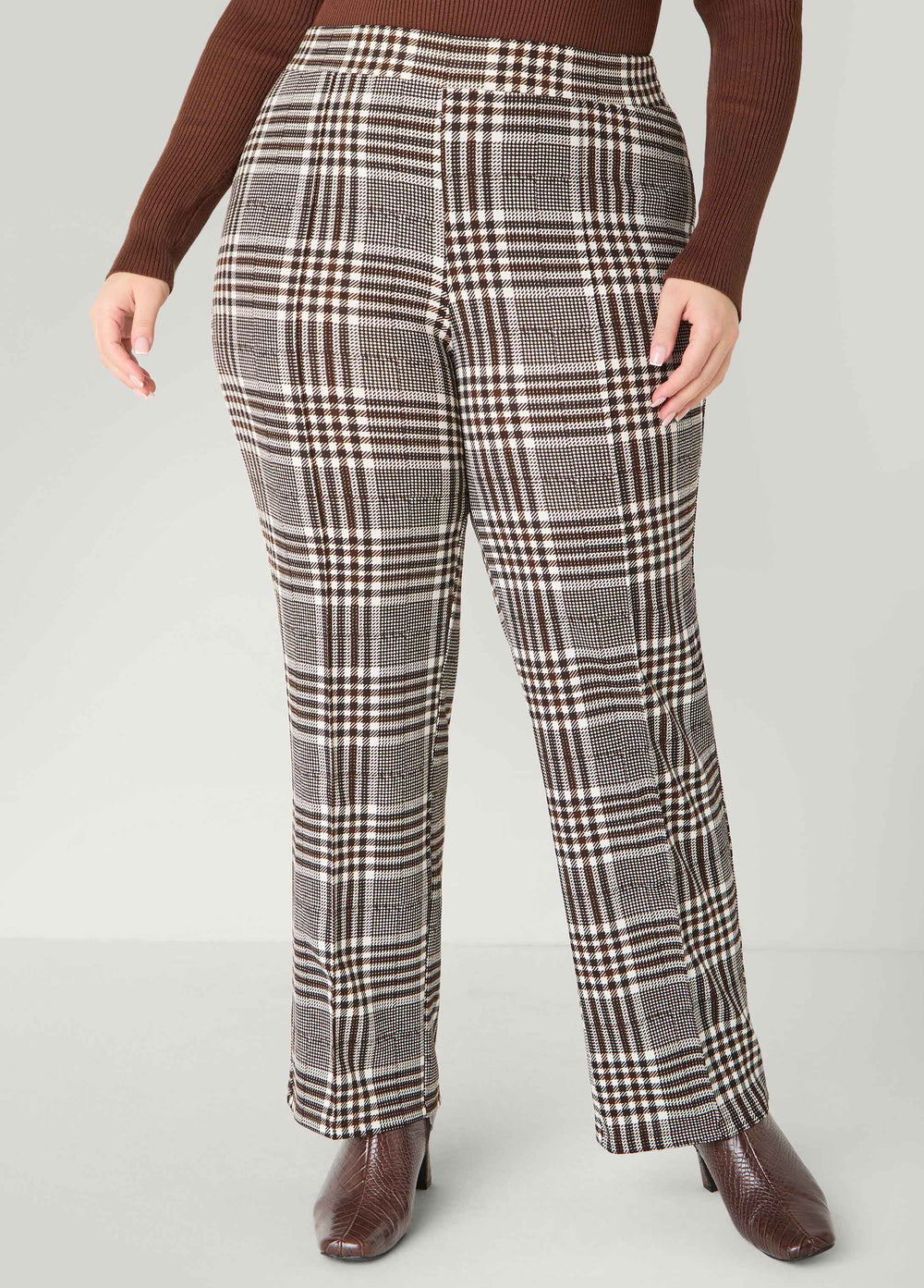 Textured Plaid Pull On Pants Black White | Ashley Stewart