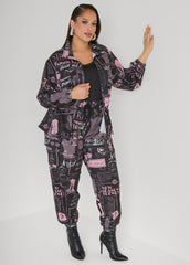 Newspaper Print Cargo Joggers Black Combo | Ashley Stewart