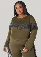 Studded Fringed Pullover Olive | Ashley Stewart