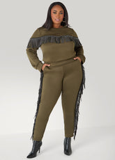 Studded Fringed Track Pants Olive | Ashley Stewart