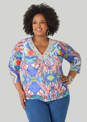 Embellished Printed Mesh Top Multi | Ashley Stewart