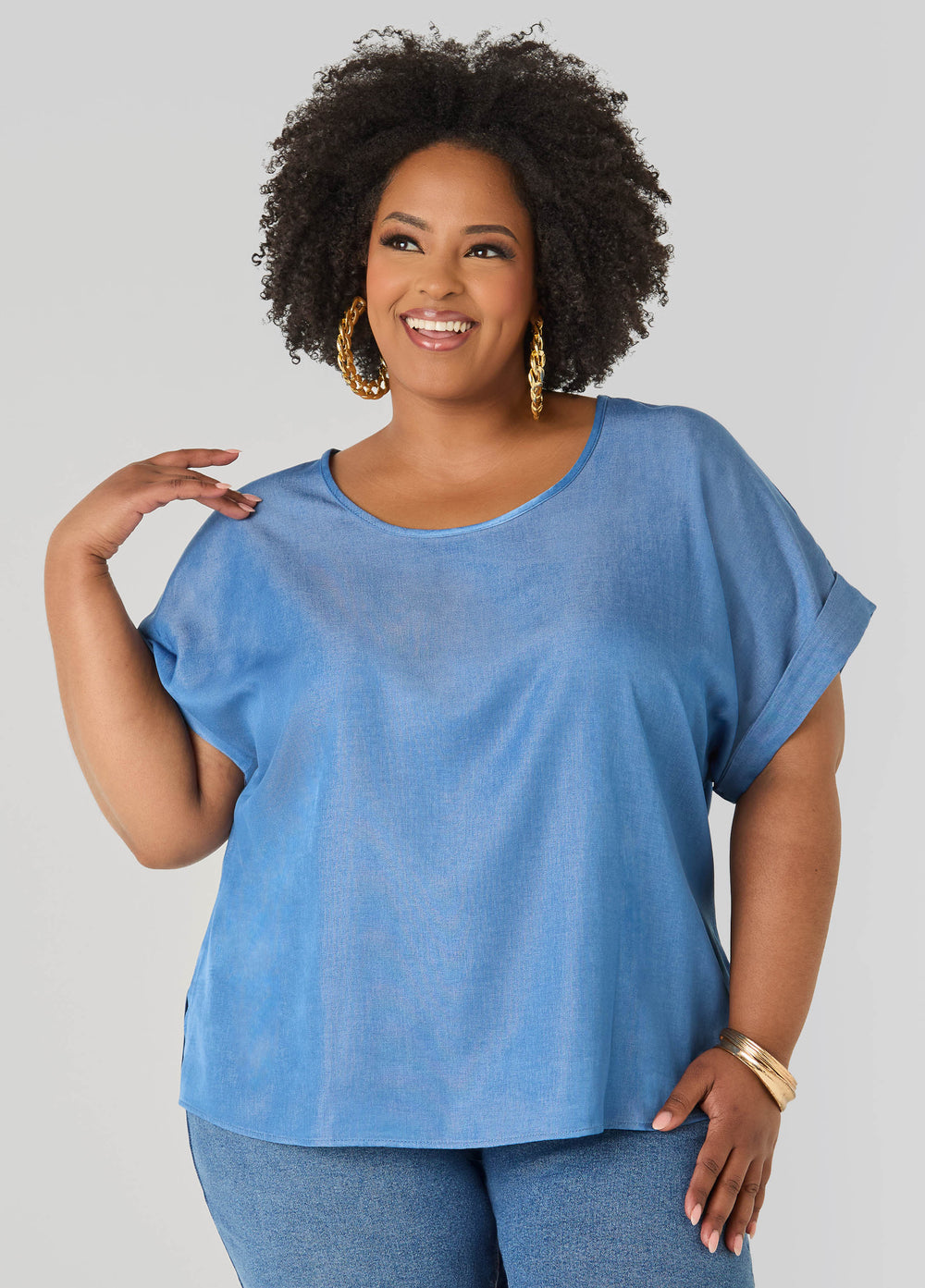 Plus Size Dolman Blouse | Relaxed Fit in Chambray Blue & Blush Pink Denim | Ashley Stewart