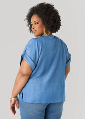 Plus Size Dolman Blouse | Relaxed Fit in Chambray Blue & Blush Pink Denim | Ashley Stewart