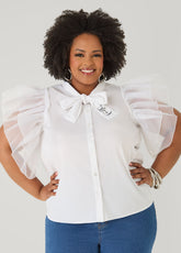 Organza Sleeved Faith Shirt White | Ashley Stewart