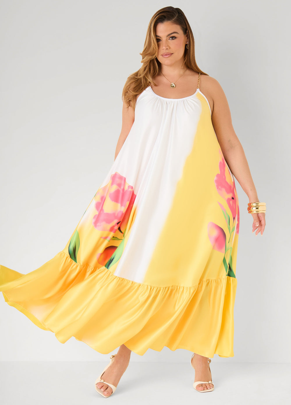 Tall Chain Trimmed Floral Maxi Dress Primrose Yellow | Ashley Stewart