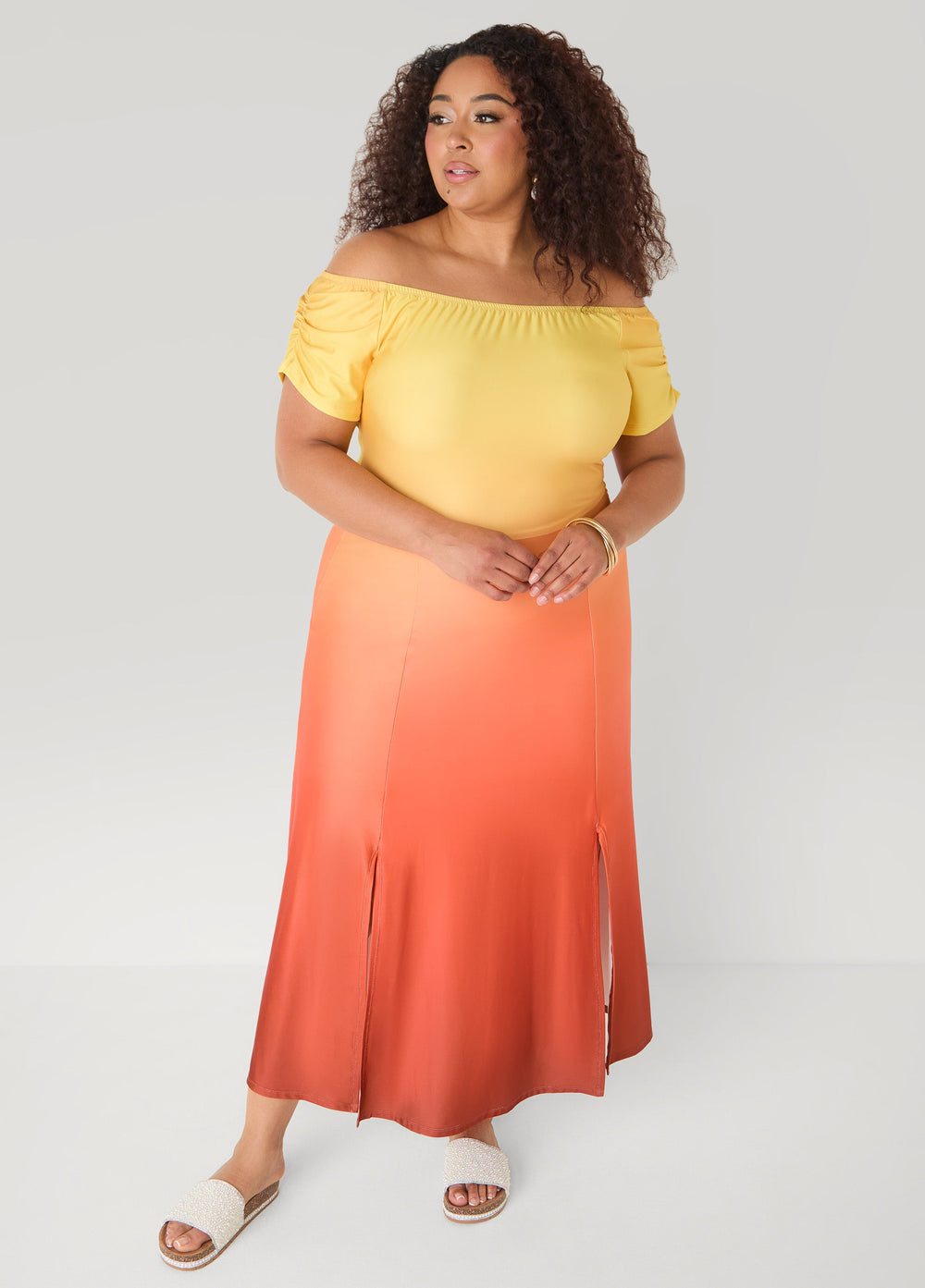 Ombre Off The Shoulder Maxi Dress Persimmon Orange | Ashley Stewart