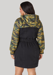 Camo Paneled Denim Bodycon Dress Black | Ashley Stewart
