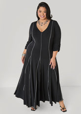 Ruched Sleeve Seamed Maxi Dress Black | Ashley Stewart
