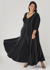 Ruched Sleeve Seamed Maxi Dress Black | Ashley Stewart