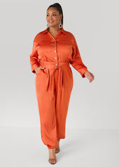 Hammered Satin Joggers Jumpsuit Copper | Ashley Stewart