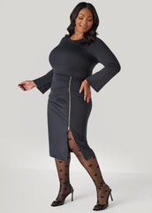 Zip Detailed Bodycon Midi Dress Black | Ashley Stewart