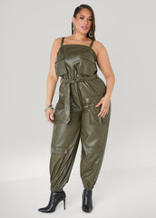Faux Leather Joggers Jumpsuit Olive Night | Ashley Stewart