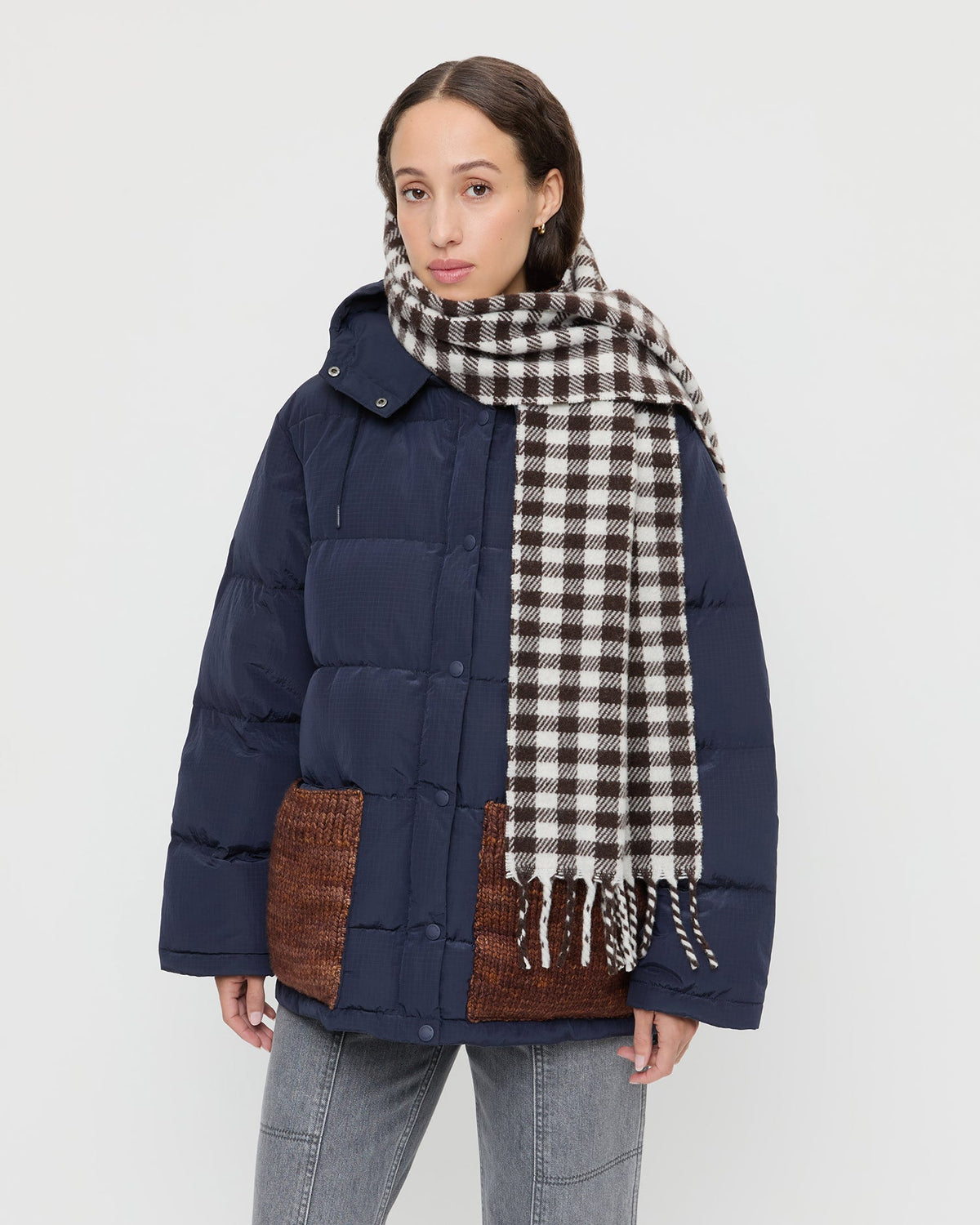 Loeffler Randall Nara Brown/Grey Gingham Scarf
