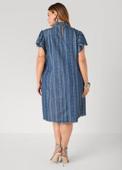 Printed Keyhole Chambray Dress Indigo | Ashley Stewart