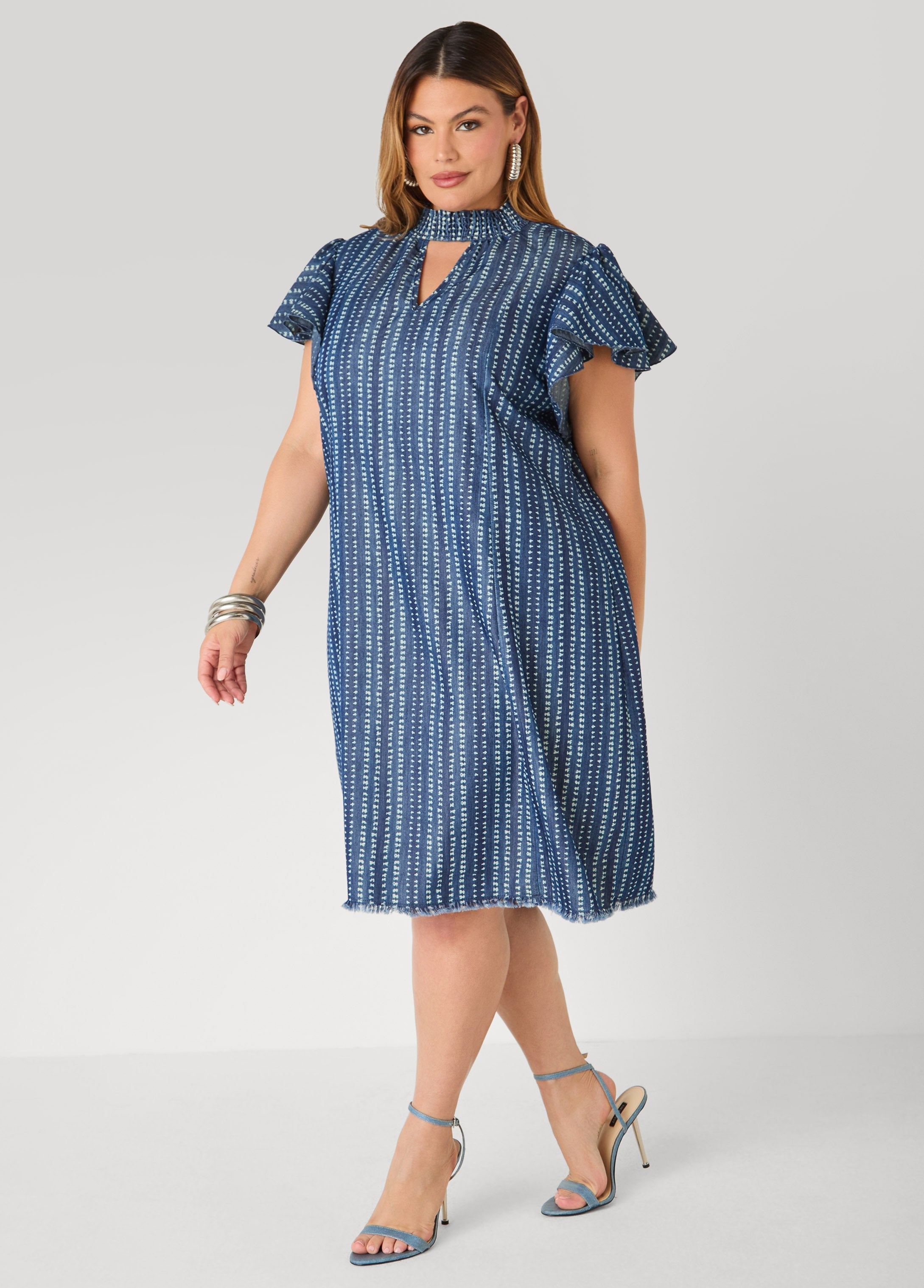 Printed Keyhole Chambray Dress Indigo | Ashley Stewart