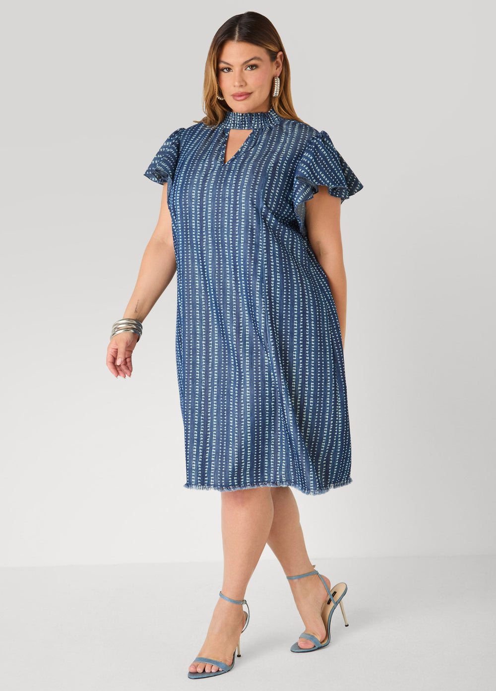 Printed Keyhole Chambray Dress Indigo | Ashley Stewart