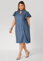 Printed Keyhole Chambray Dress Indigo | Ashley Stewart