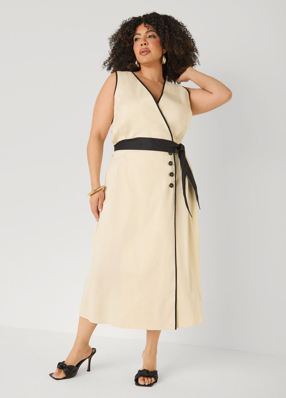 Cotton Blend A Line Wrap Dress Bleached Sand | Ashley Stewart