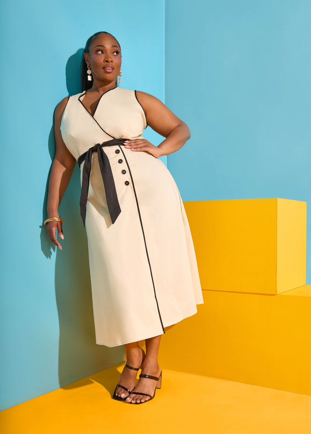 Cotton Blend A Line Wrap Dress Bleached Sand | Ashley Stewart