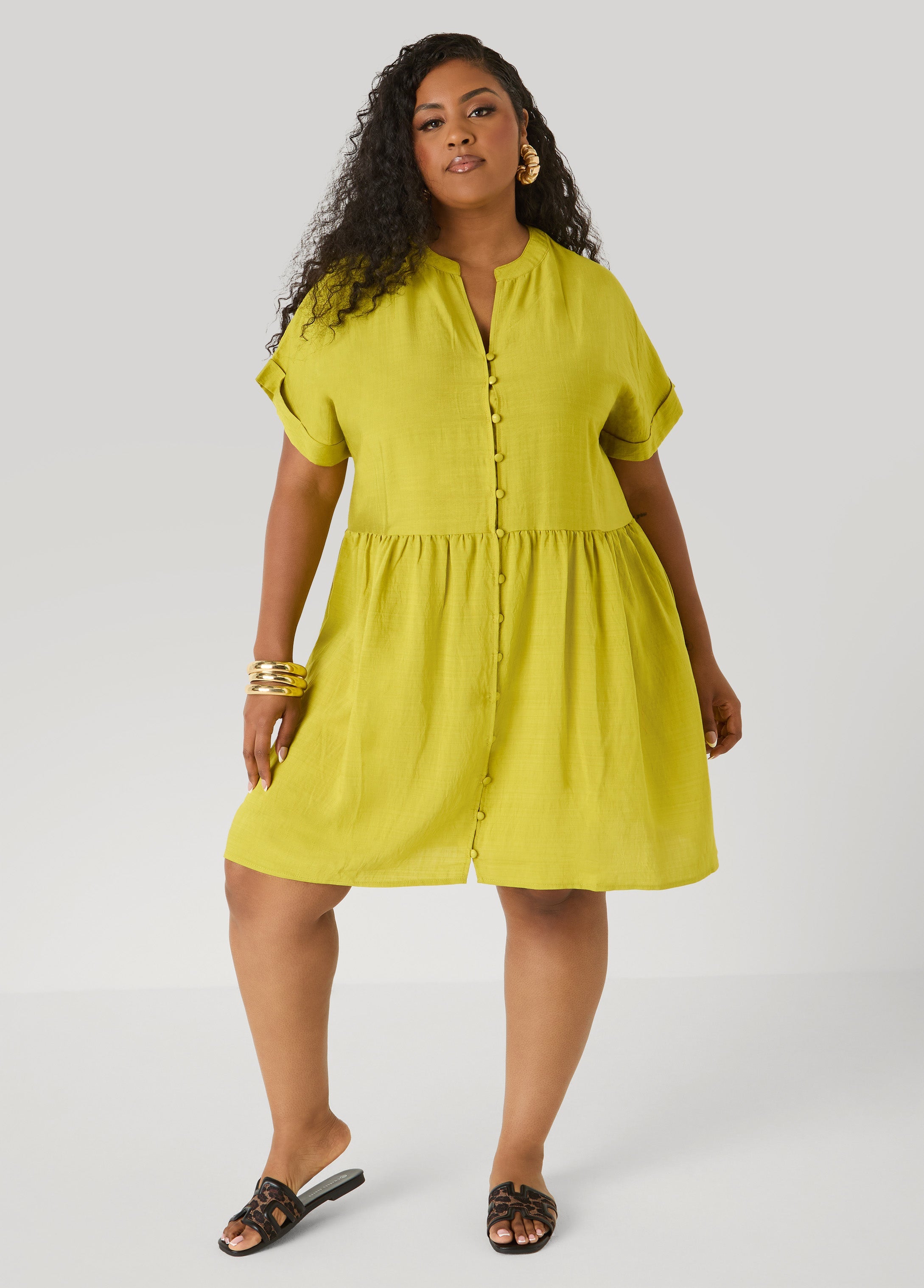 Cuffed V Neck Babydoll Dress Pear Liquor | Ashley Stewart