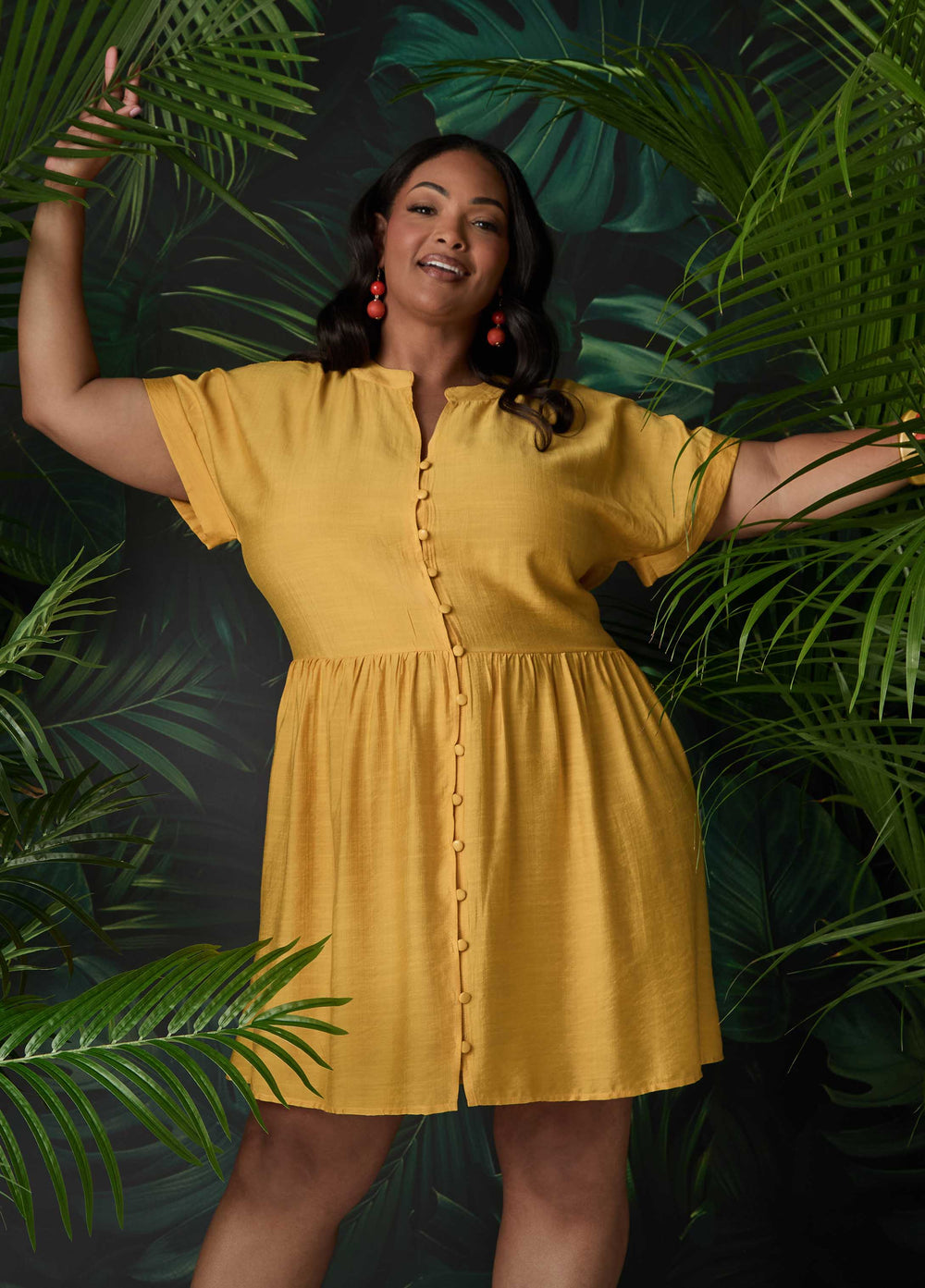 Cuffed V Neck Babydoll Dress Pear Liquor | Ashley Stewart