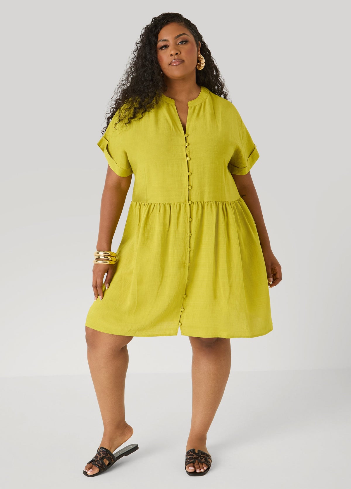 Cuffed V Neck Babydoll Dress Pear Liquor | Ashley Stewart