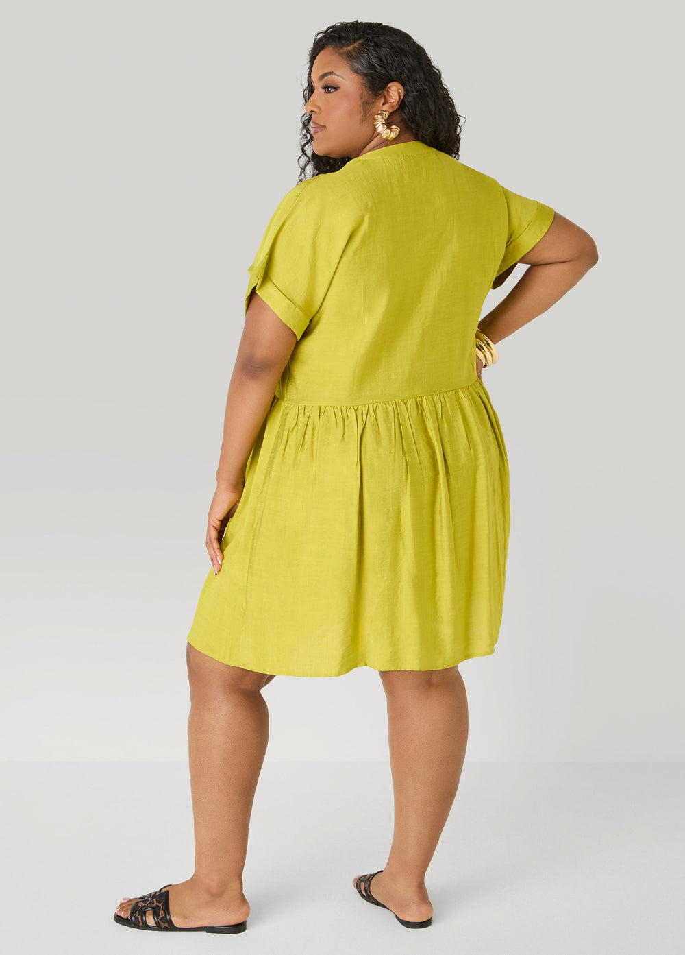 Cuffed V Neck Babydoll Dress Pear Liquor | Ashley Stewart