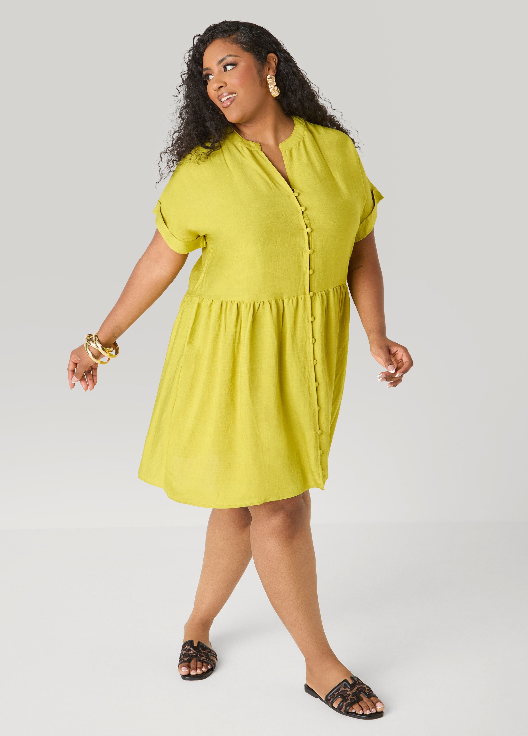 Cuffed V Neck Babydoll Dress Pear Liquor | Ashley Stewart