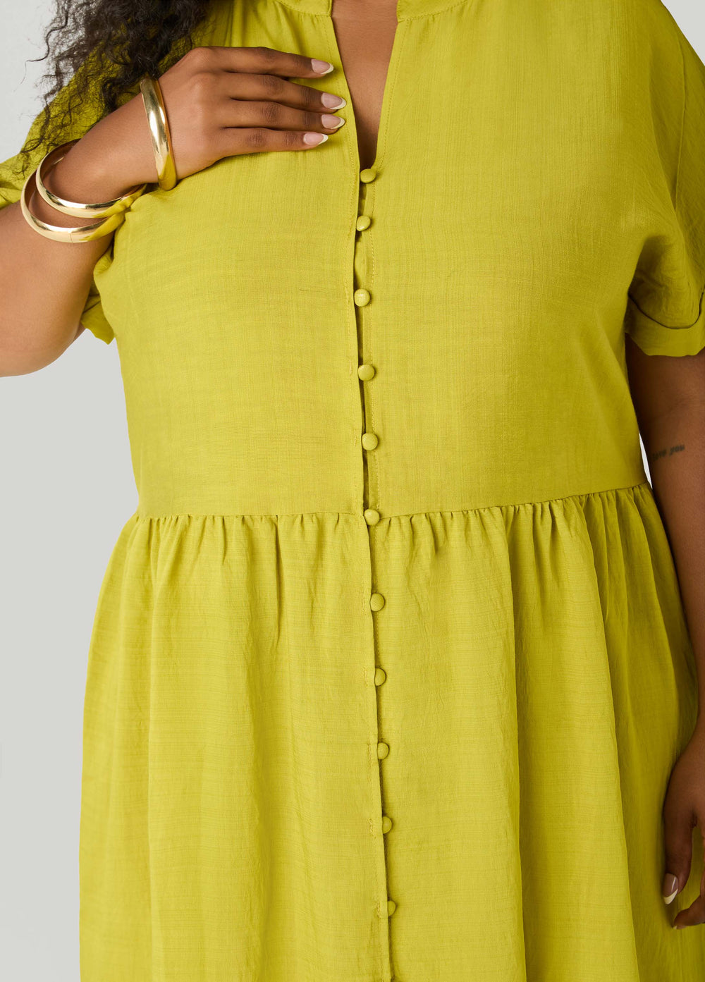 Cuffed V Neck Babydoll Dress Pear Liquor | Ashley Stewart