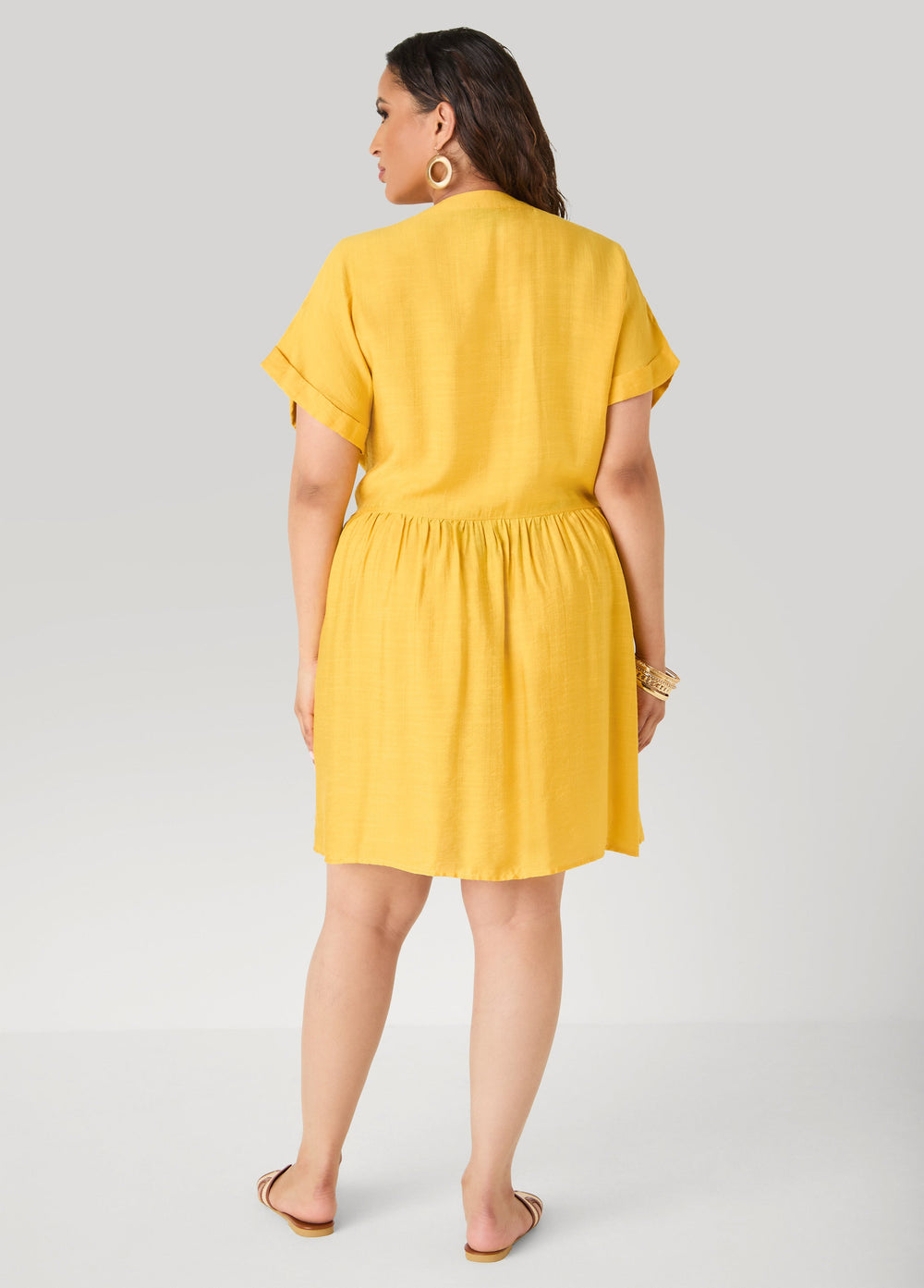 Cuffed V Neck Babydoll Dress Pear Liquor | Ashley Stewart