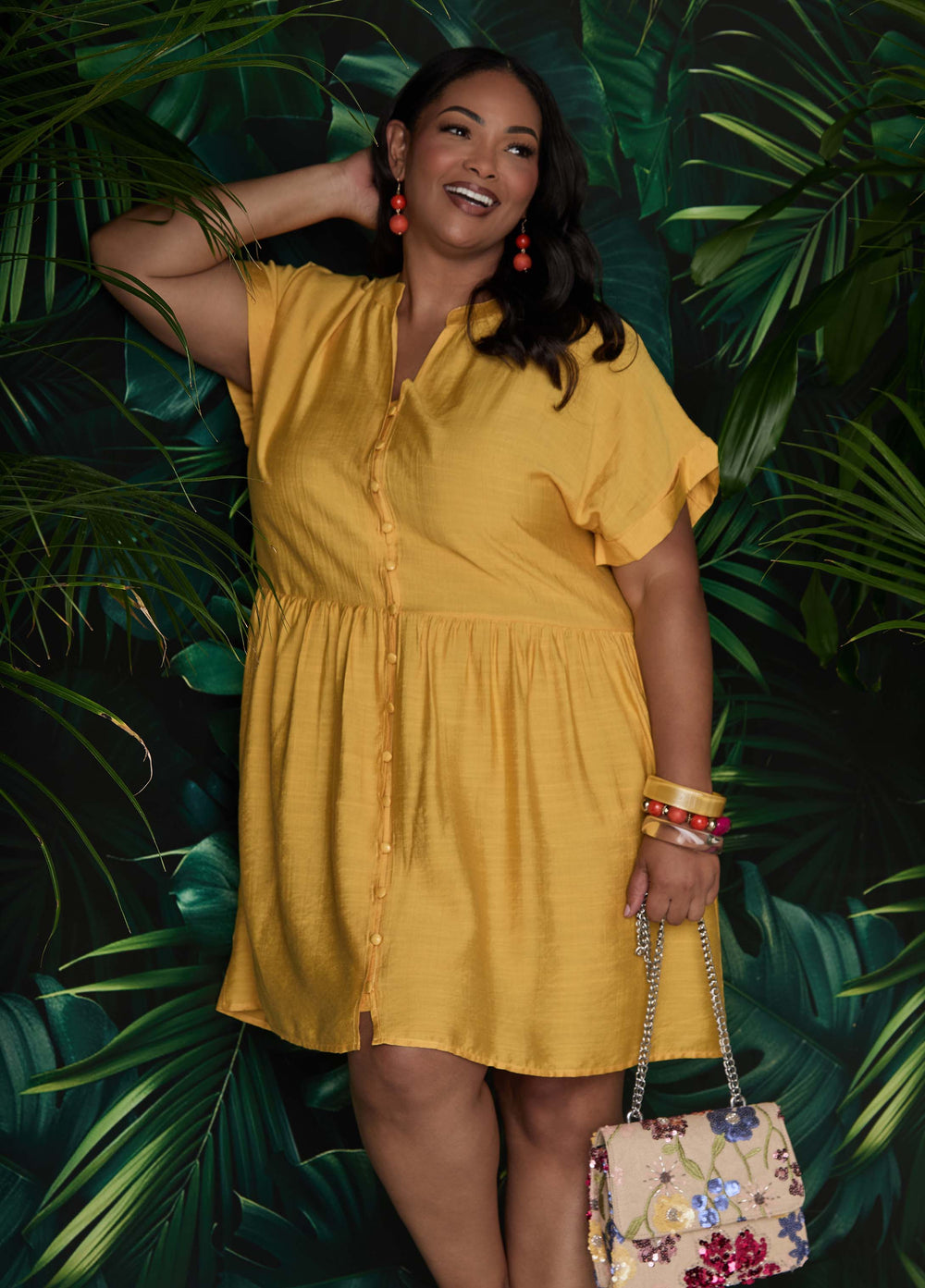 Cuffed V Neck Babydoll Dress Pear Liquor | Ashley Stewart