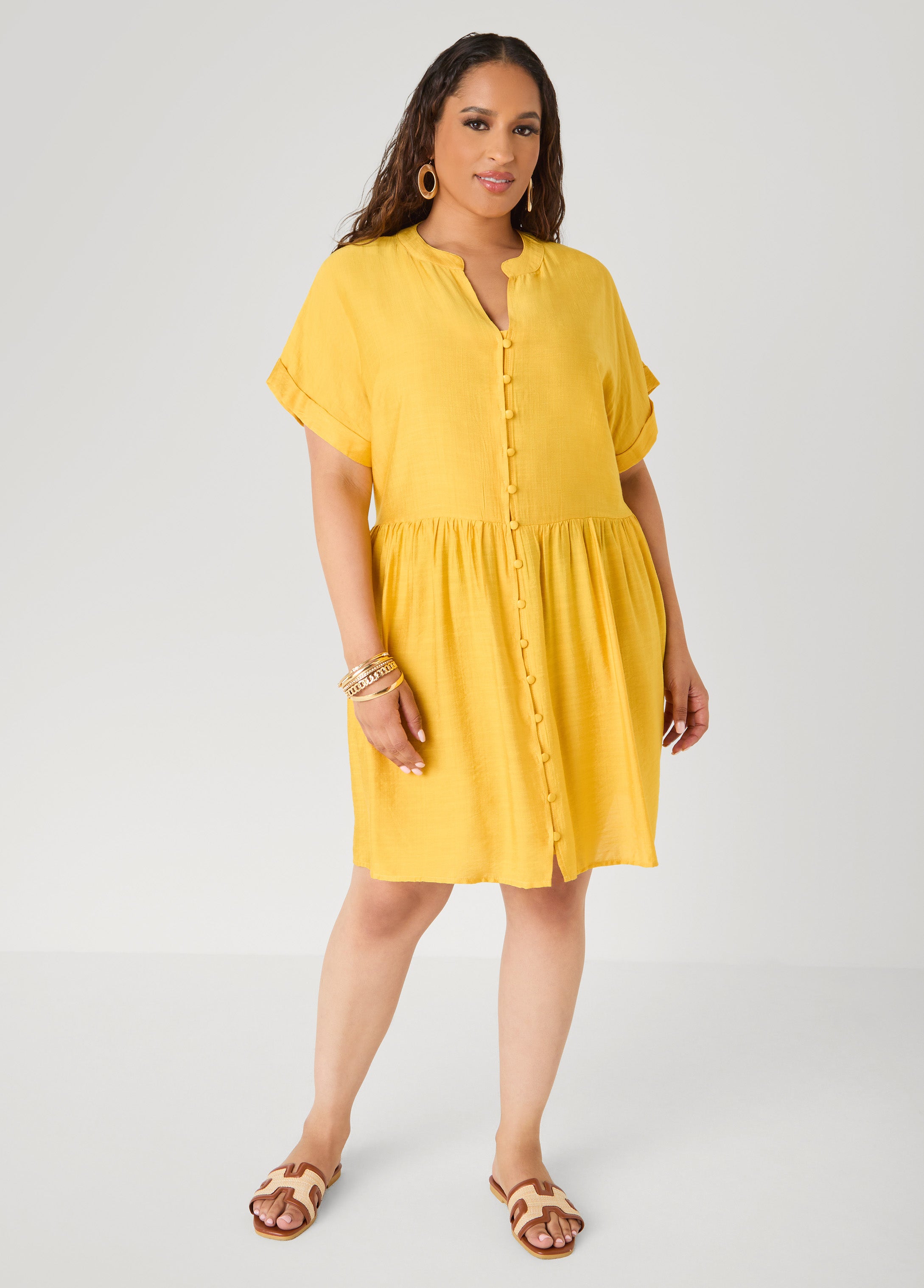 Cuffed V Neck Babydoll Dress Pear Liquor | Ashley Stewart