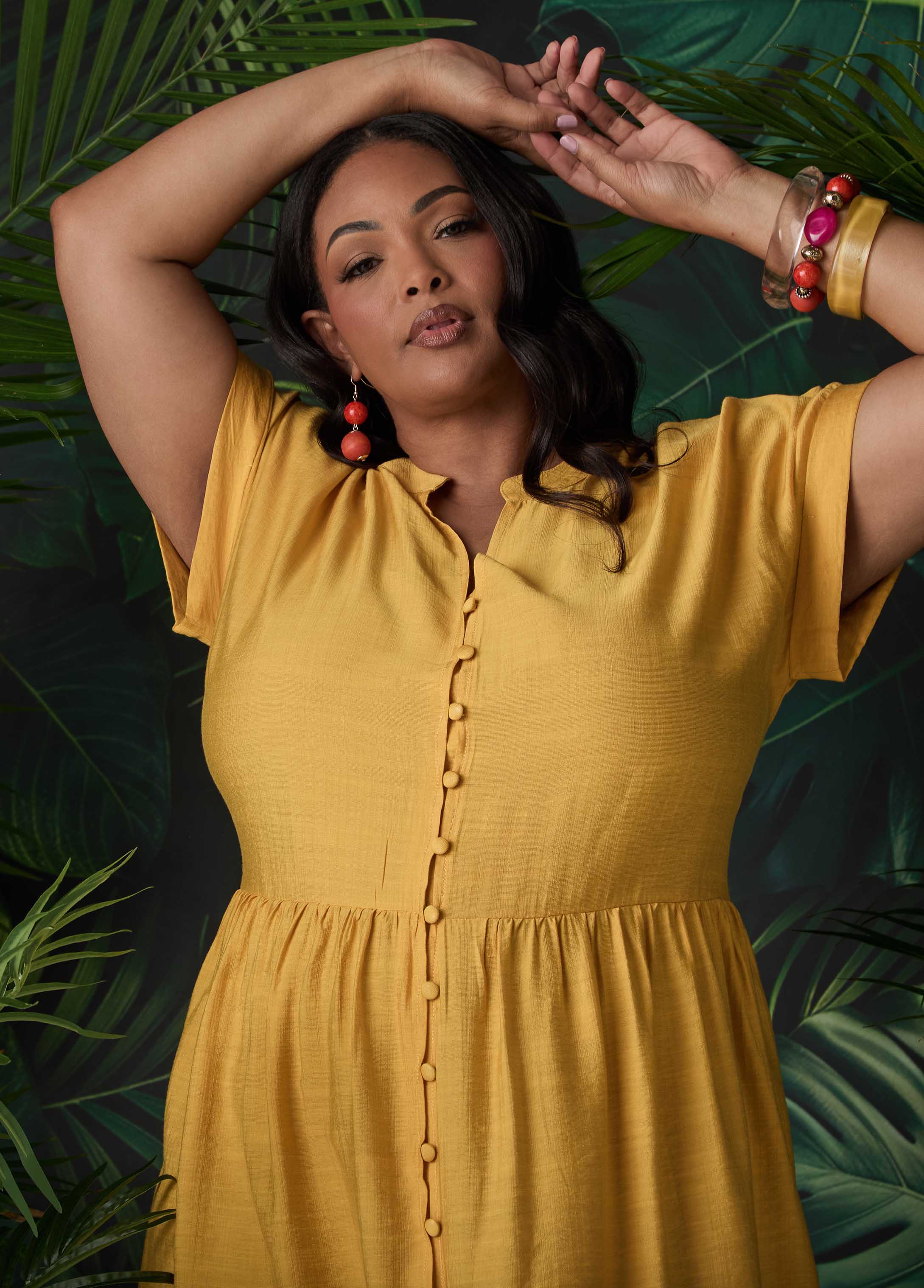 Cuffed V Neck Babydoll Dress Pear Liquor | Ashley Stewart
