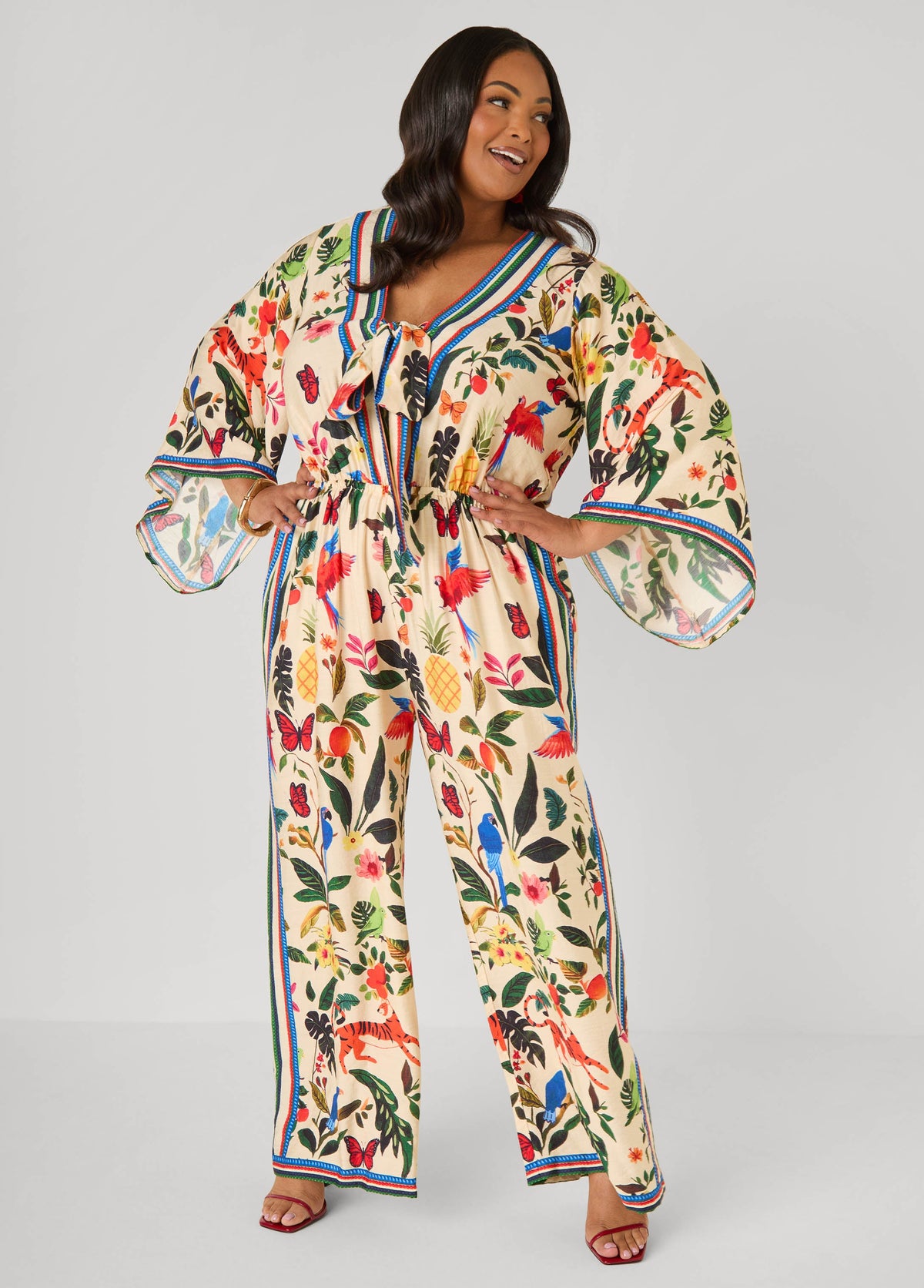 Tie Front Tropical Print Jumpsuit Multi | Ashley Stewart