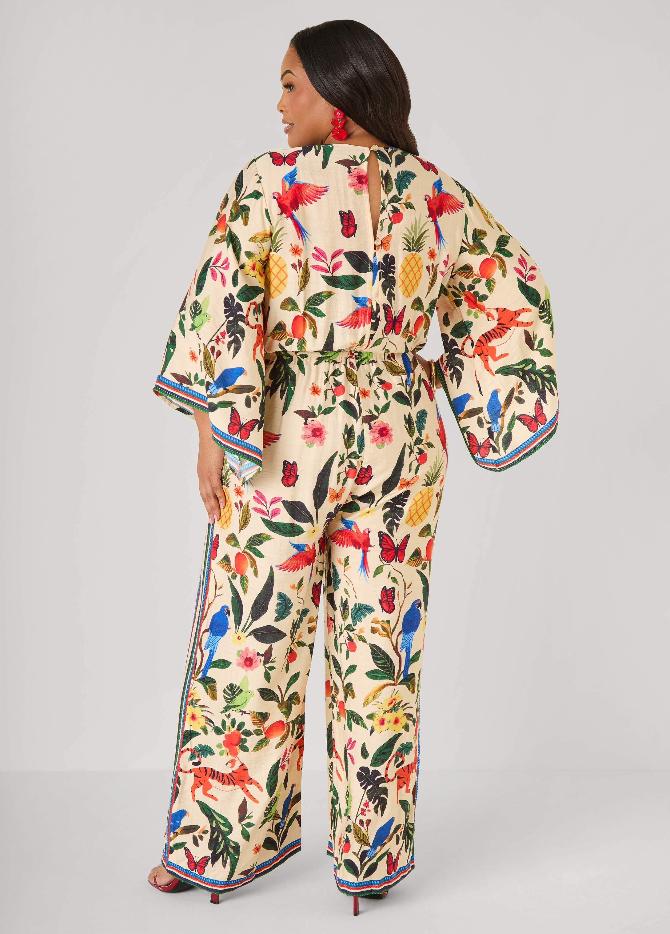 Tie Front Tropical Print Jumpsuit Multi | Ashley Stewart