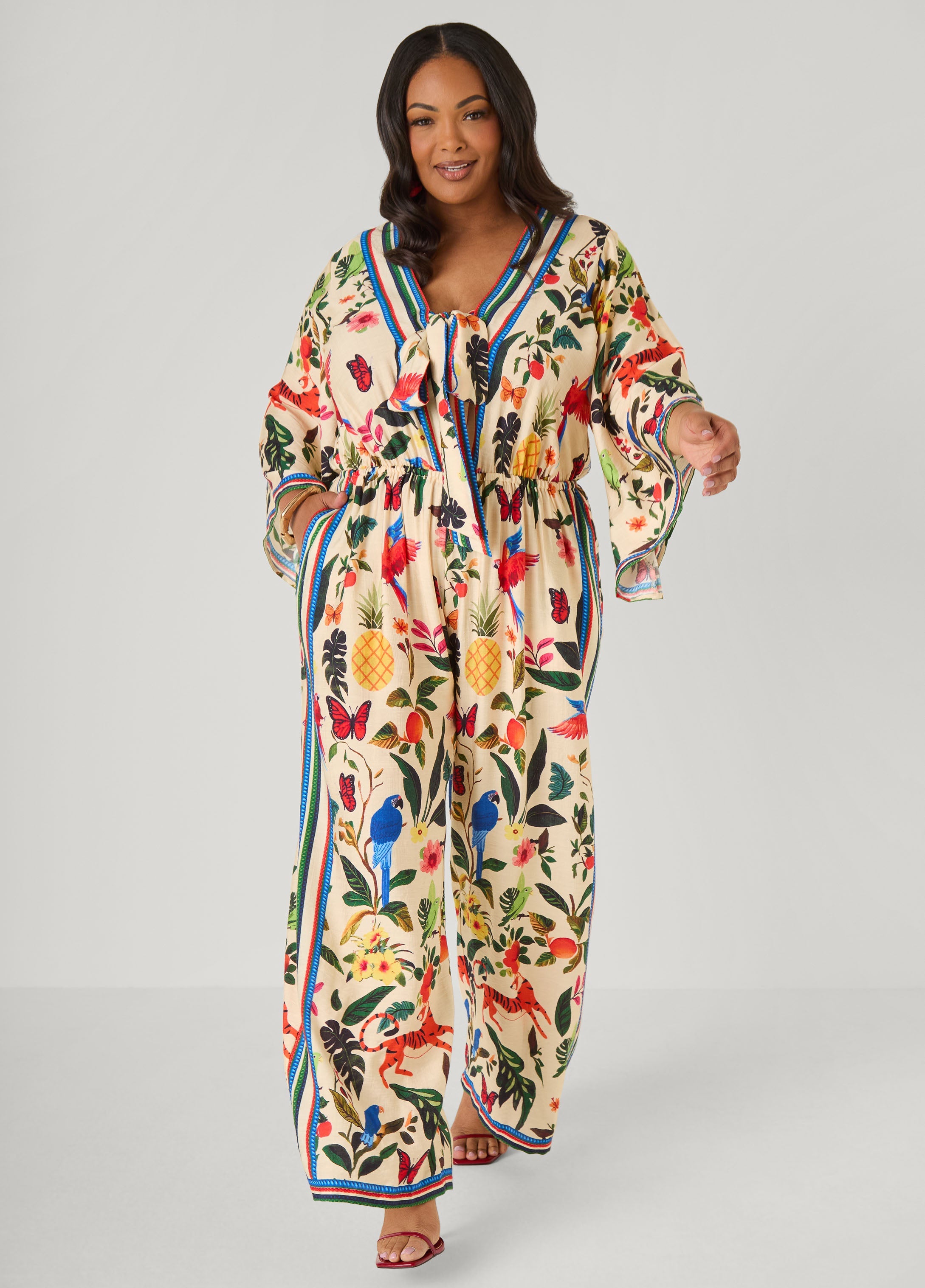 Tie Front Tropical Print Jumpsuit Multi | Ashley Stewart
