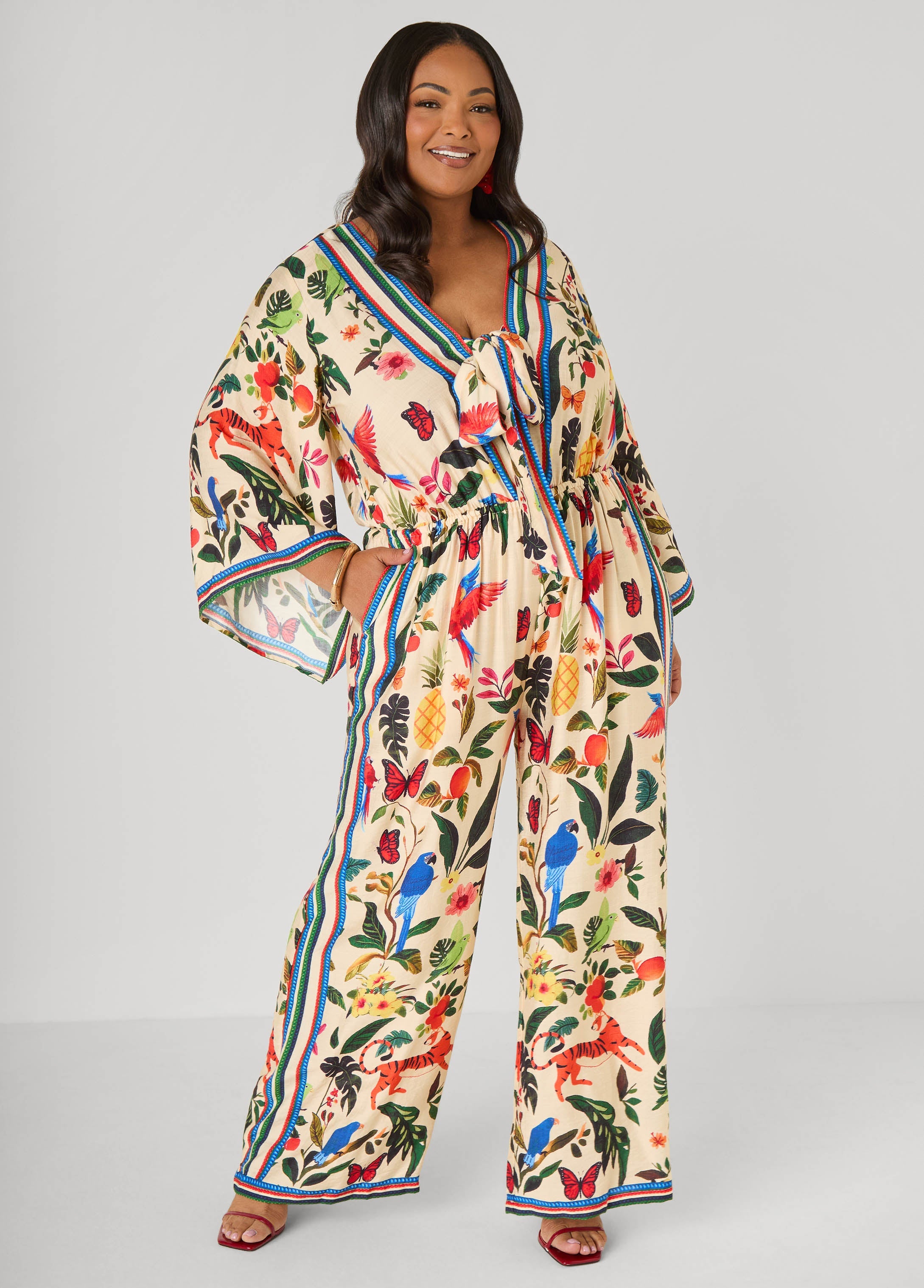 Tie Front Tropical Print Jumpsuit Multi | Ashley Stewart
