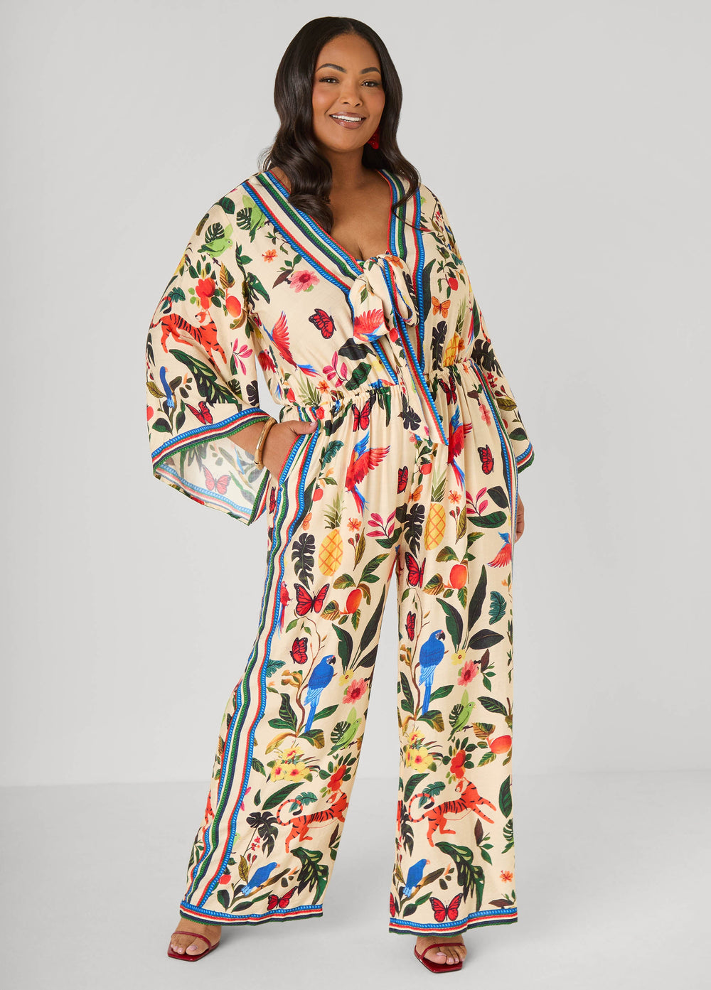 Tie Front Tropical Print Jumpsuit Multi | Ashley Stewart