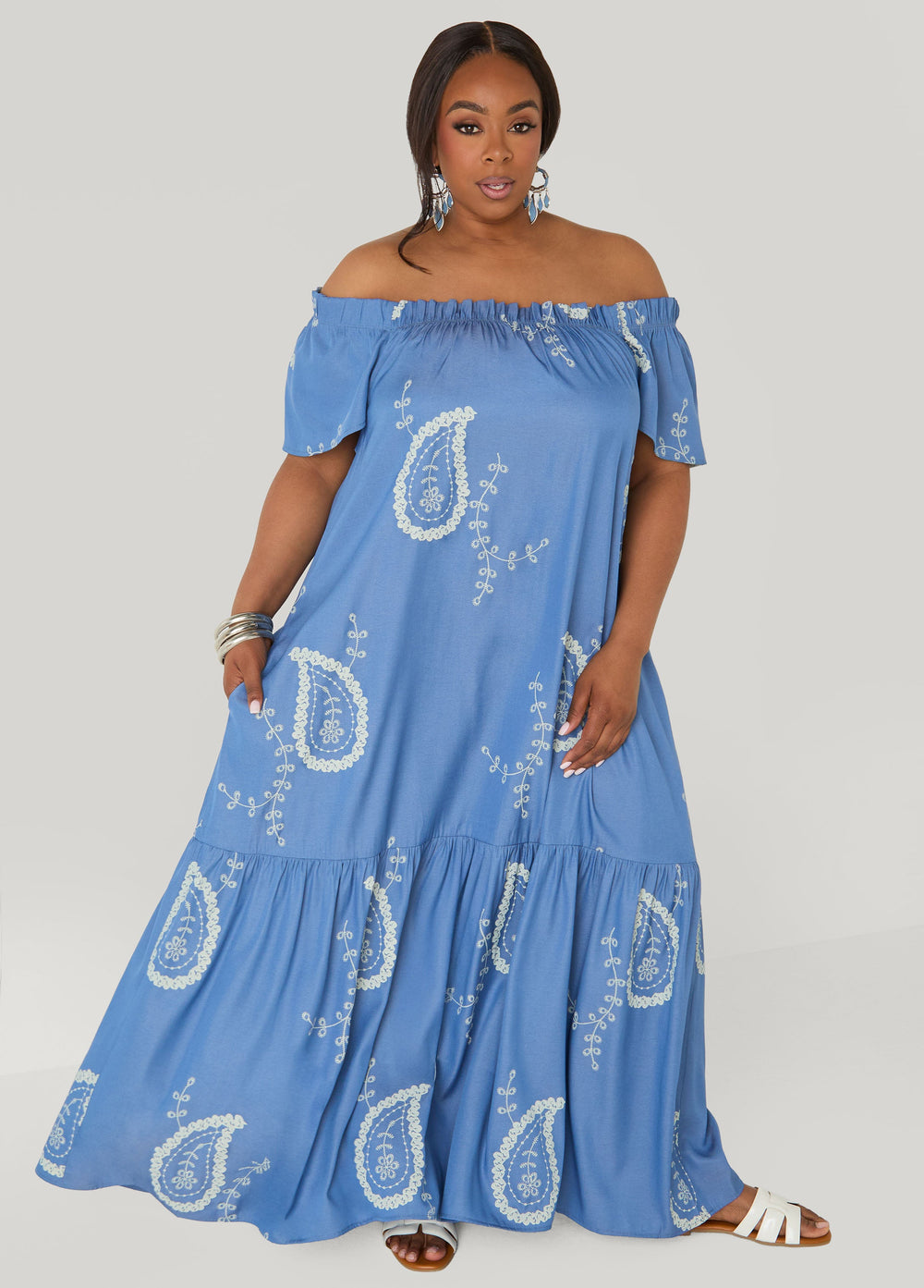 Off The Shoulder Paisley Dress Denim | Ashley Stewart