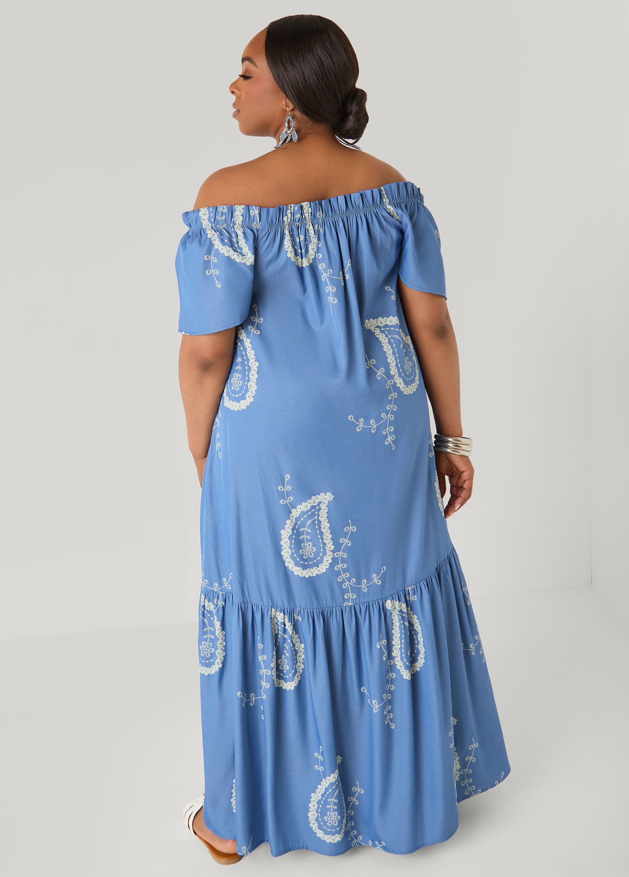 Off The Shoulder Paisley Dress Denim | Ashley Stewart