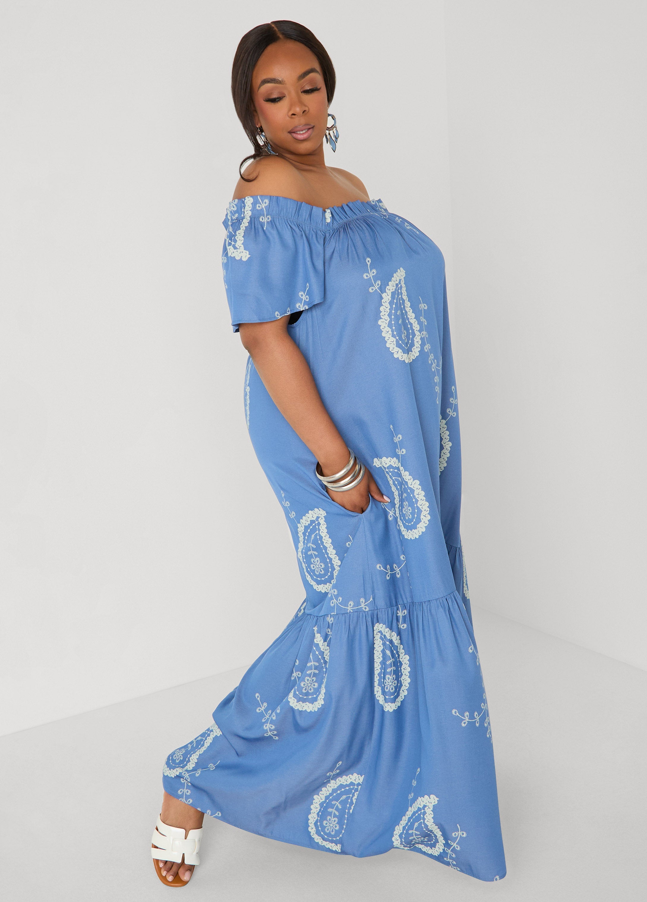 Off The Shoulder Paisley Dress Denim | Ashley Stewart