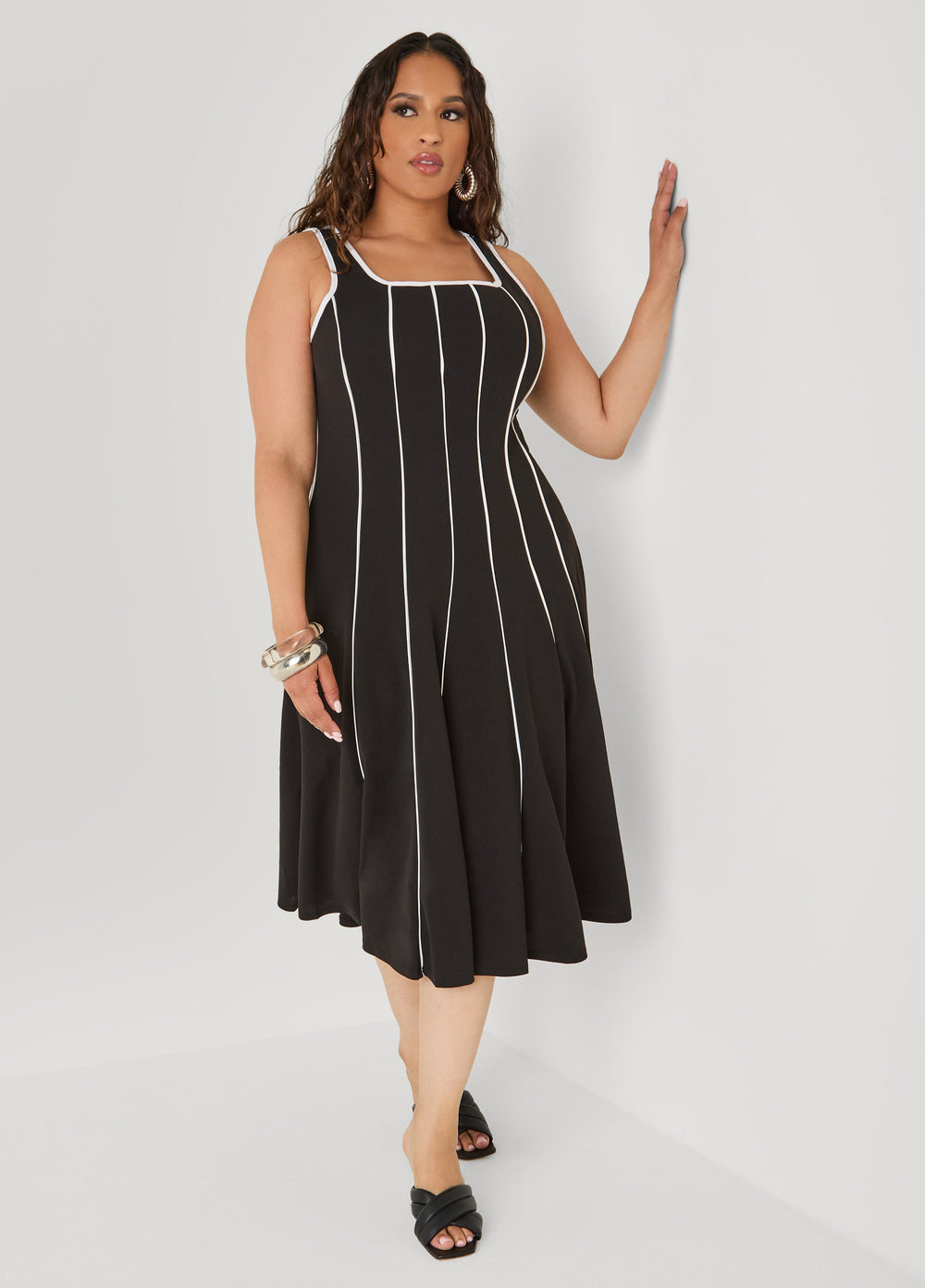 Piped A Line Midi Dress Black | Ashley Stewart