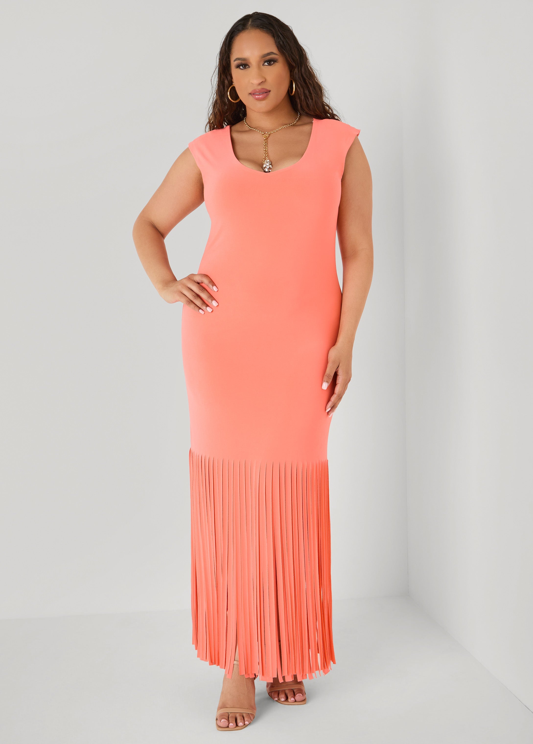 Fringed Maxi Dress LIVING CORAL | Ashley Stewart