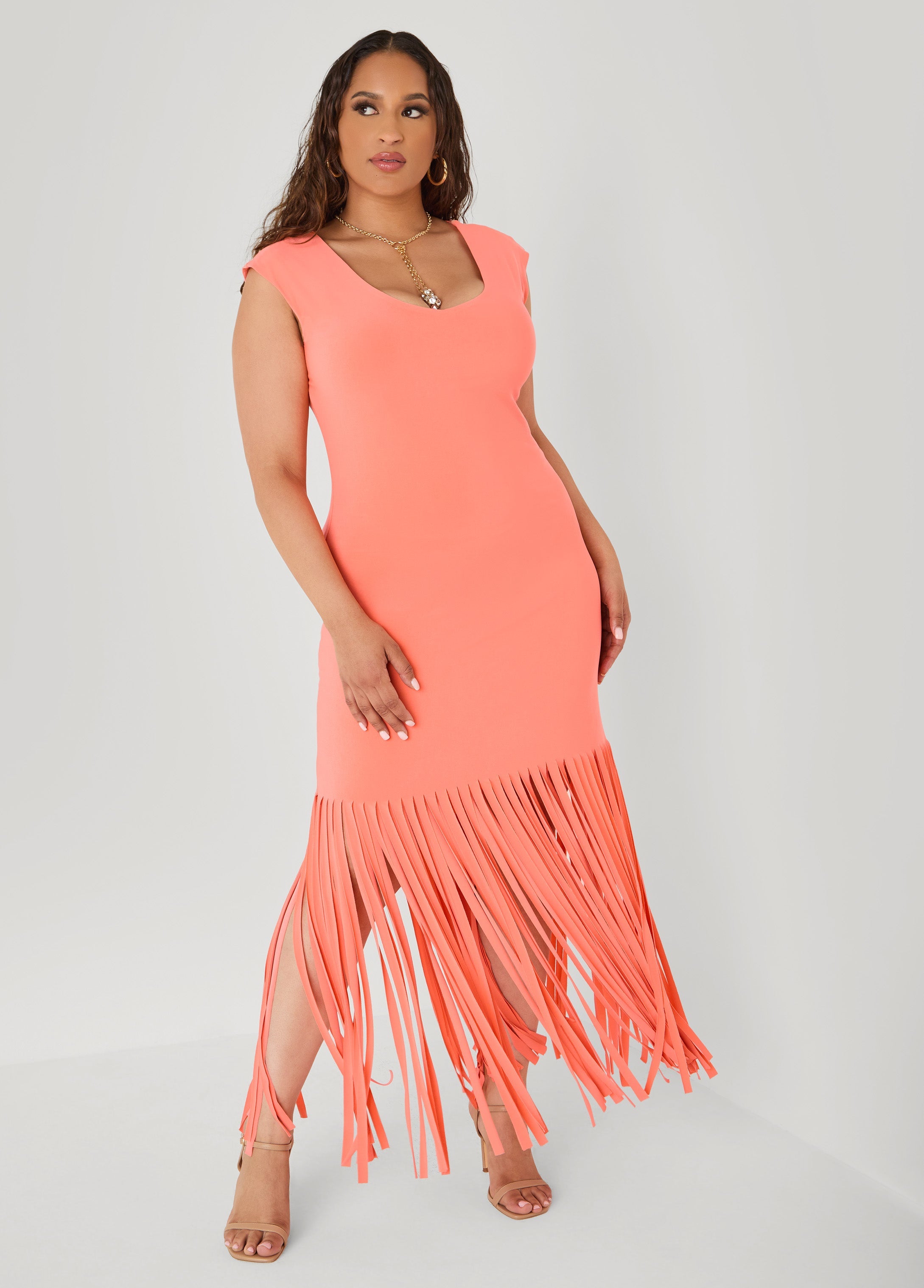 Fringed Maxi Dress LIVING CORAL | Ashley Stewart