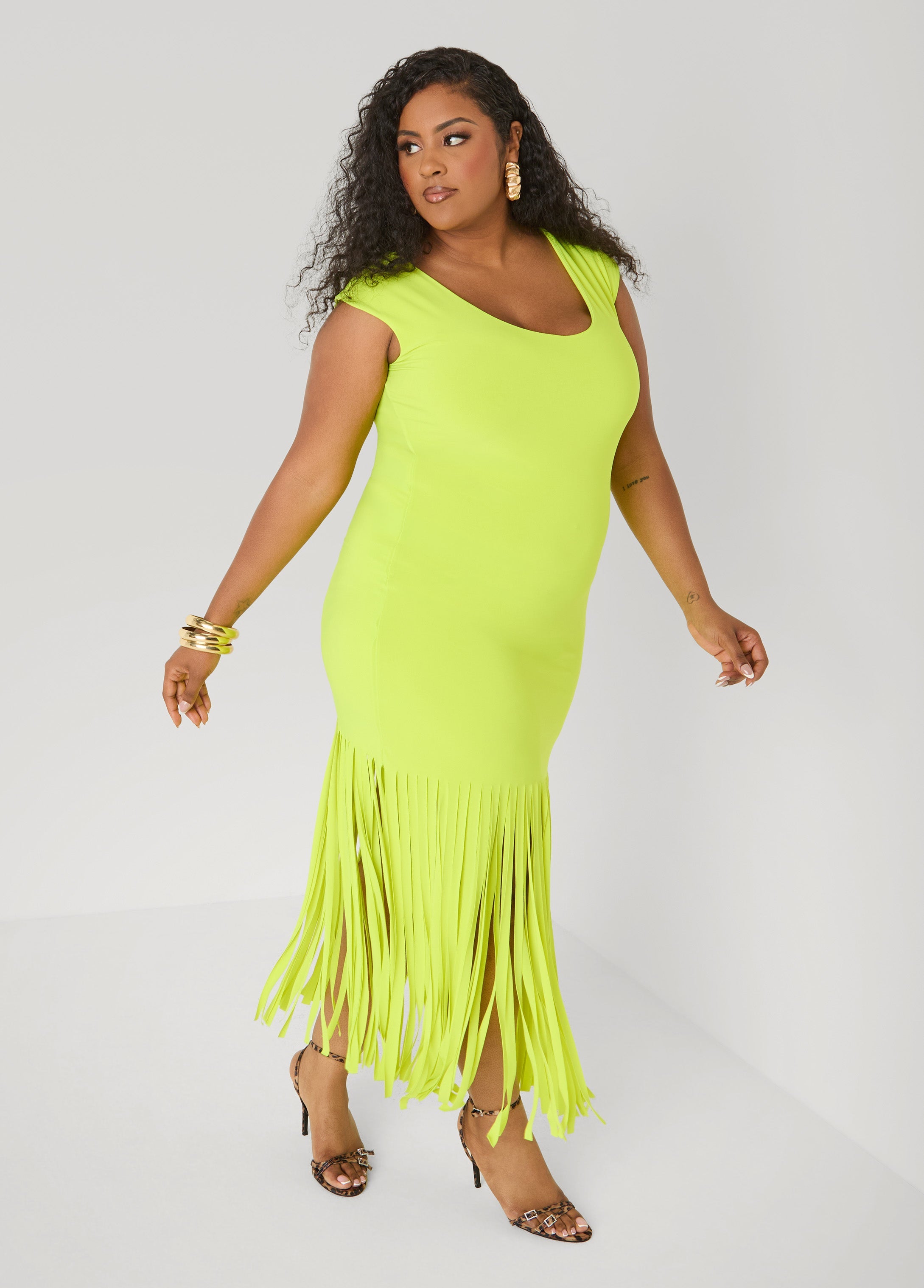 Fringed Knit Maxi Dress LIME PUNCH | Ashley Stewart